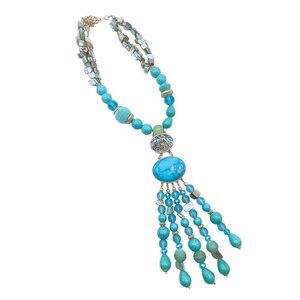 Chico's Turquoise & Abalone Statement Necklace With Gold Accents & Beaded Tassel